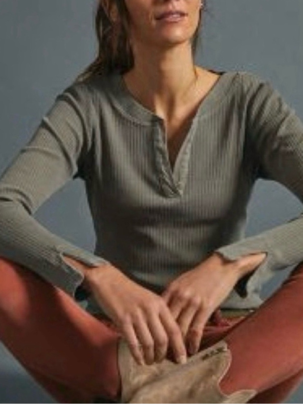 Anthropologie Pilcro Moss Ribbed Henley Long Sleeve Top
